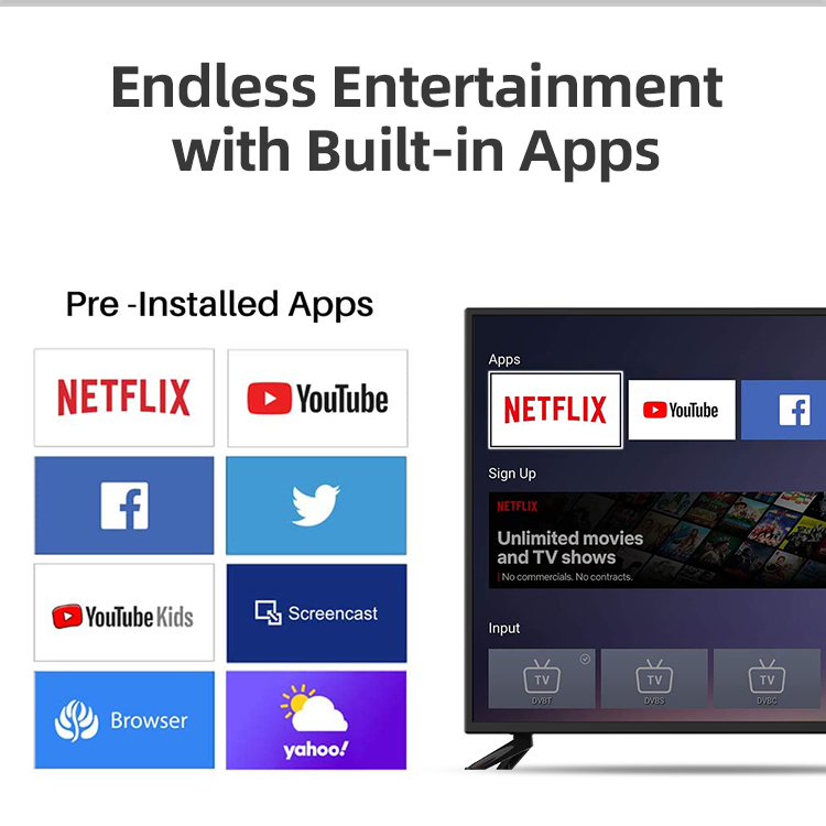 Smart TV interface showing pre-installed apps like Netflix and YouTube