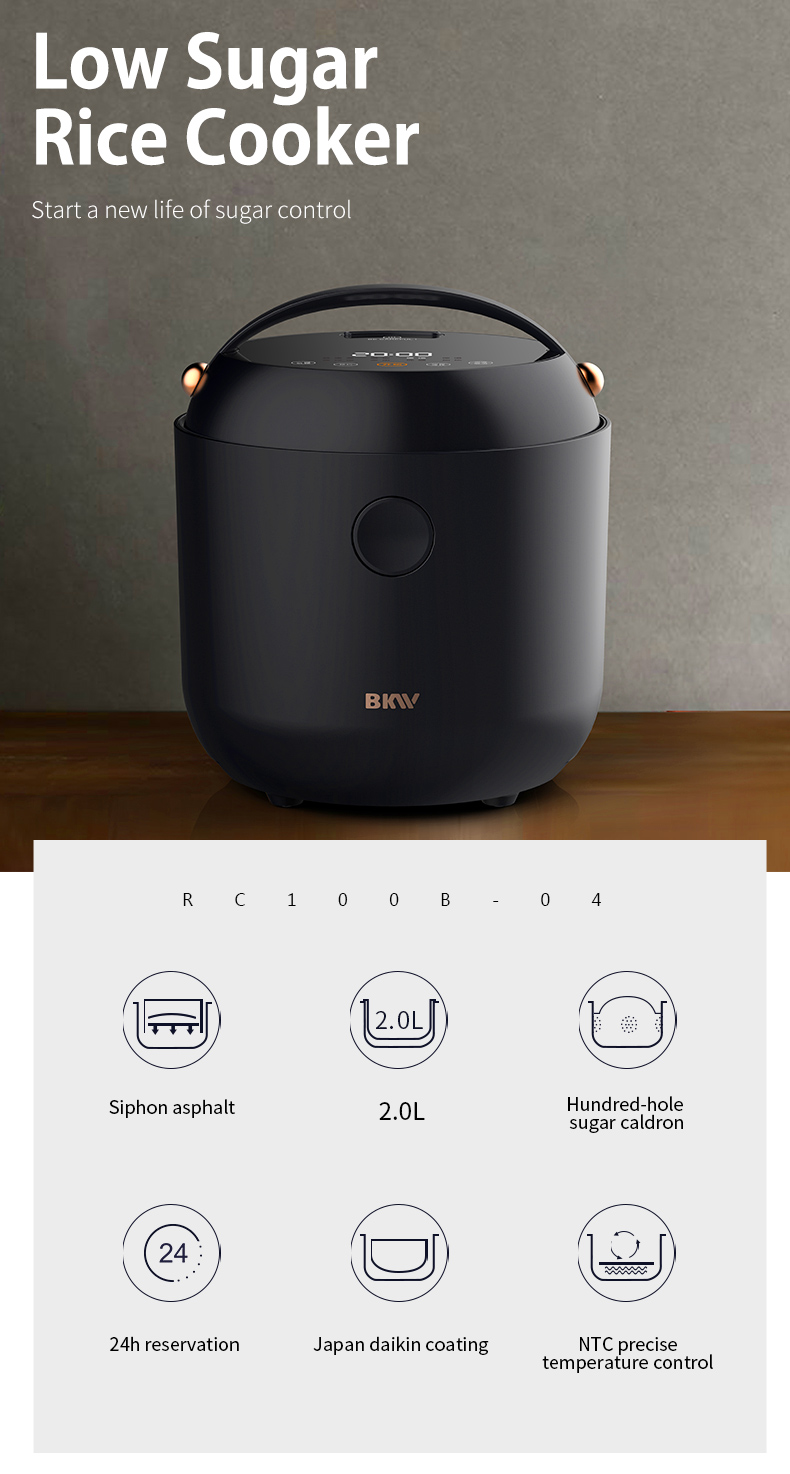 Overview of the low sugar rice cooker features including siphon asphalt system and 24-hour reservation