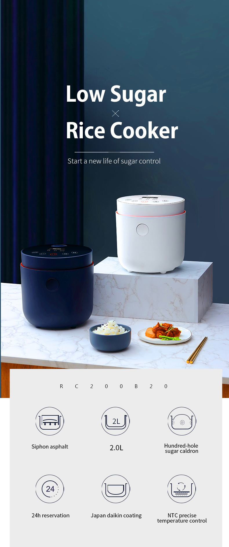 Overview of the Low Sugar Rice Cooker features including siphon asphalt system and 24h reservation