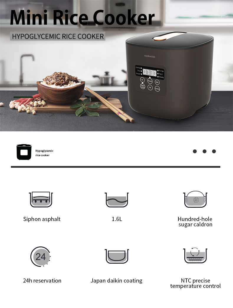 Compact rice cooker showing digital interface and key features