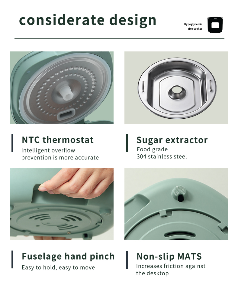 Close up of the rice cooker components including NTC thermostat and stainless steel parts