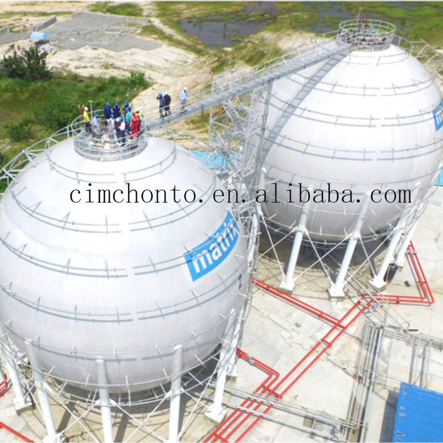 Large industrial spherical storage tank installation