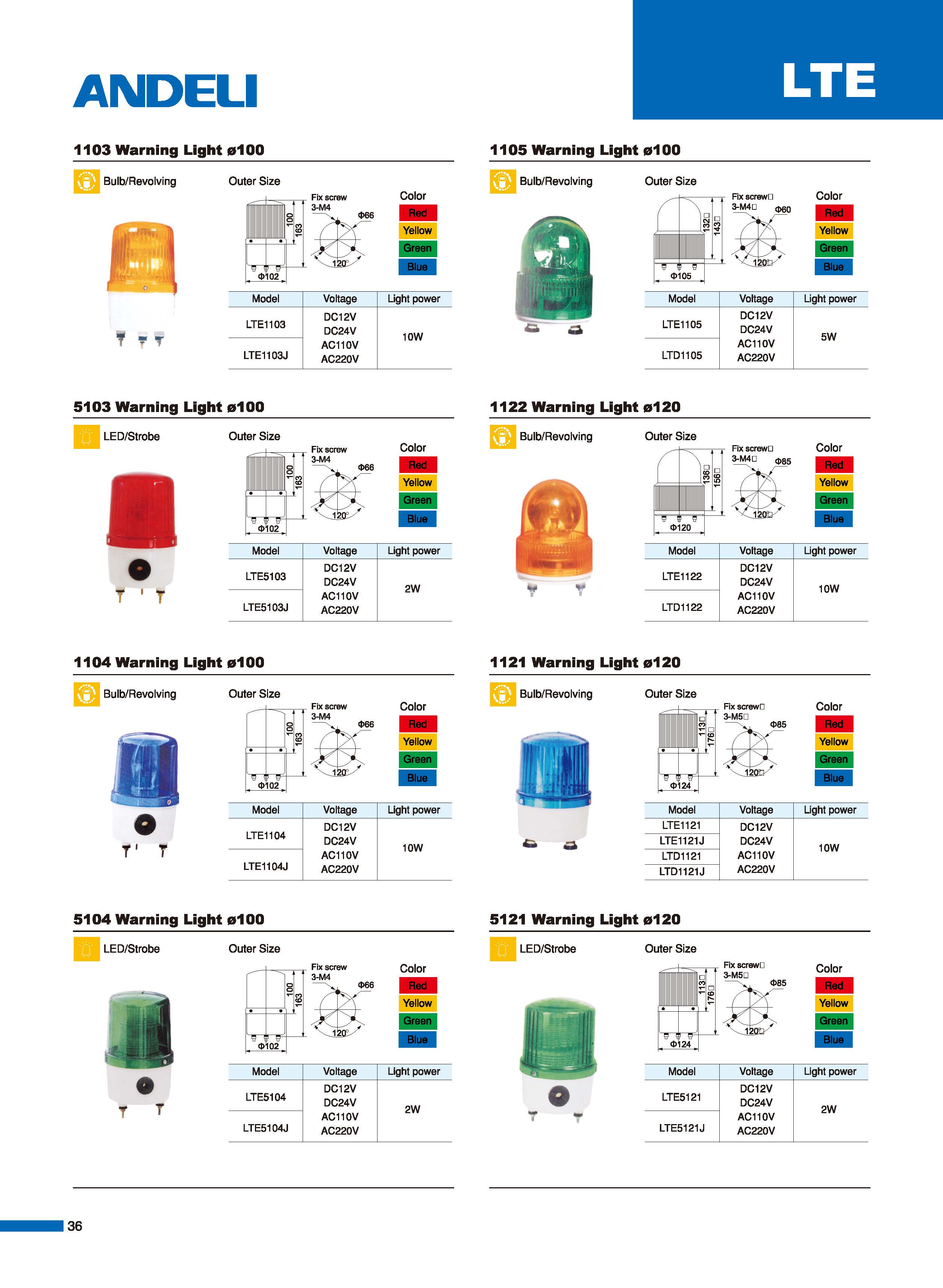 LTA series warning light technical specification chart showing various models, voltages, and mounting patterns.