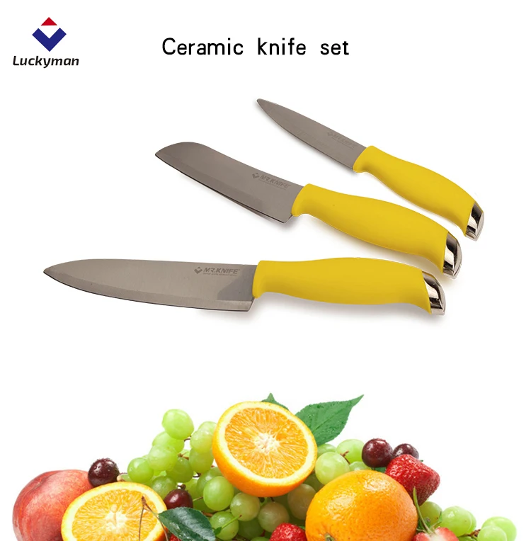 Ceramic knife set with yellow ergonomic handles