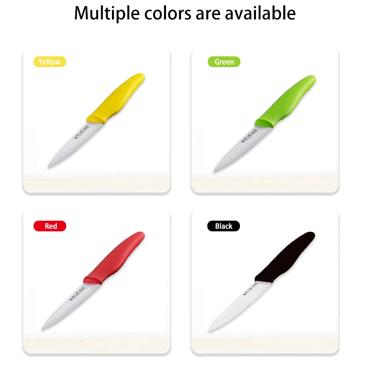 Multiple colors of folding ceramic knives displayed together.