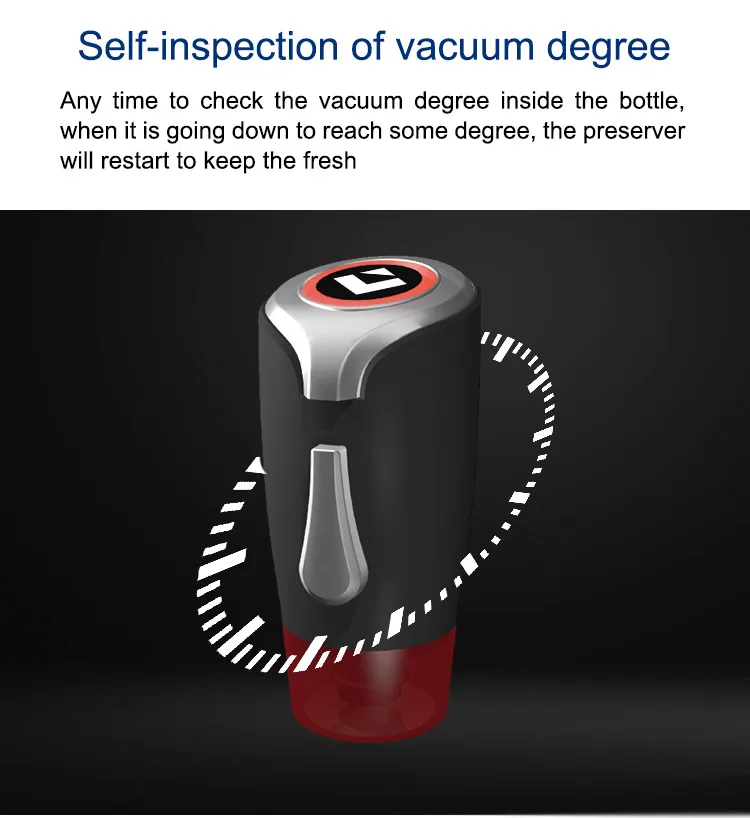 Electric wine preserver showing self-inspection and automatic restart features.