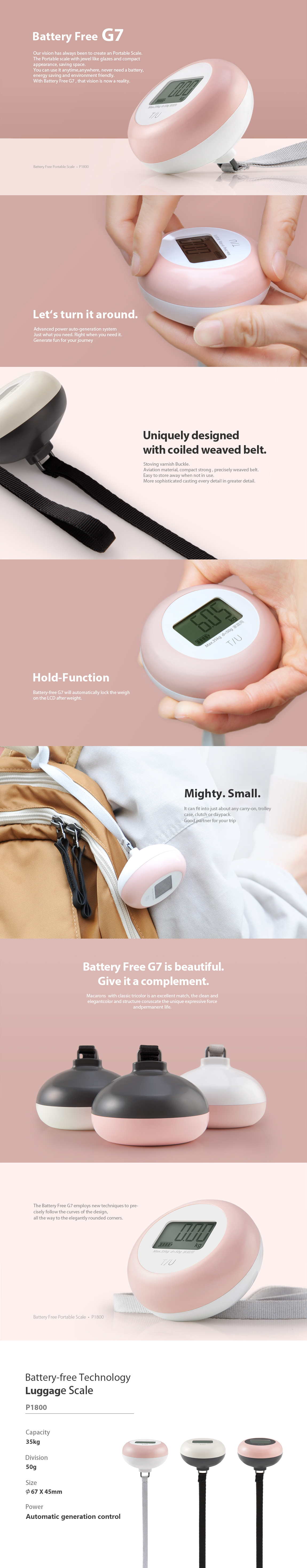 Battery-free luggage scale showing technical features and compact design