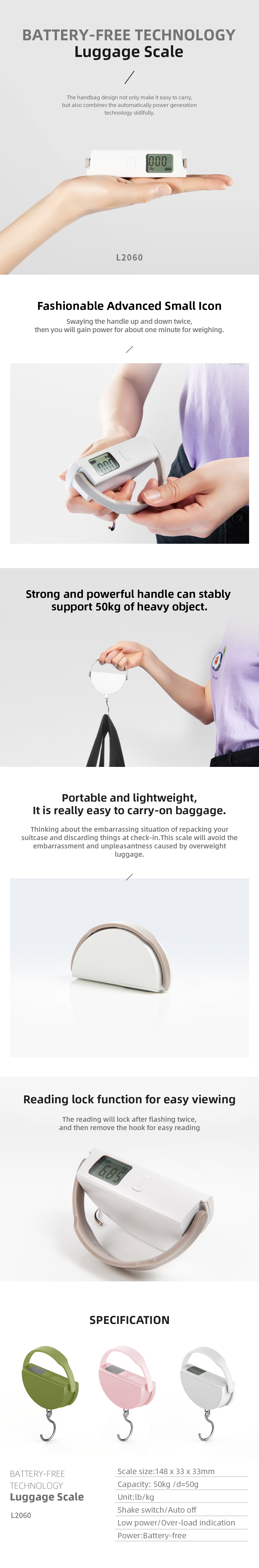 Battery-free digital luggage scale showing technical specifications and handbag design