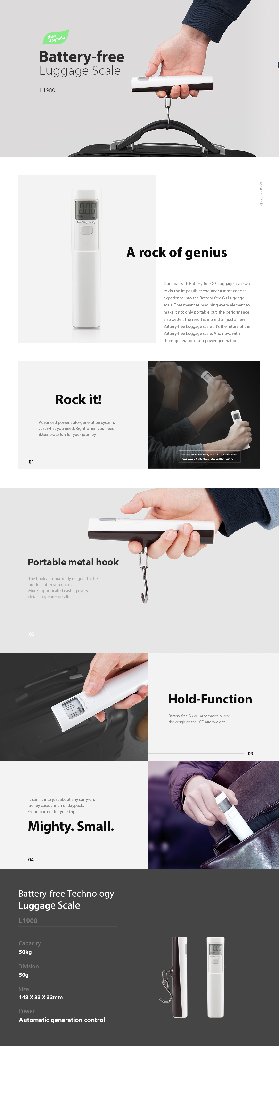 Battery-free luggage scale infographic showing features and dimensions