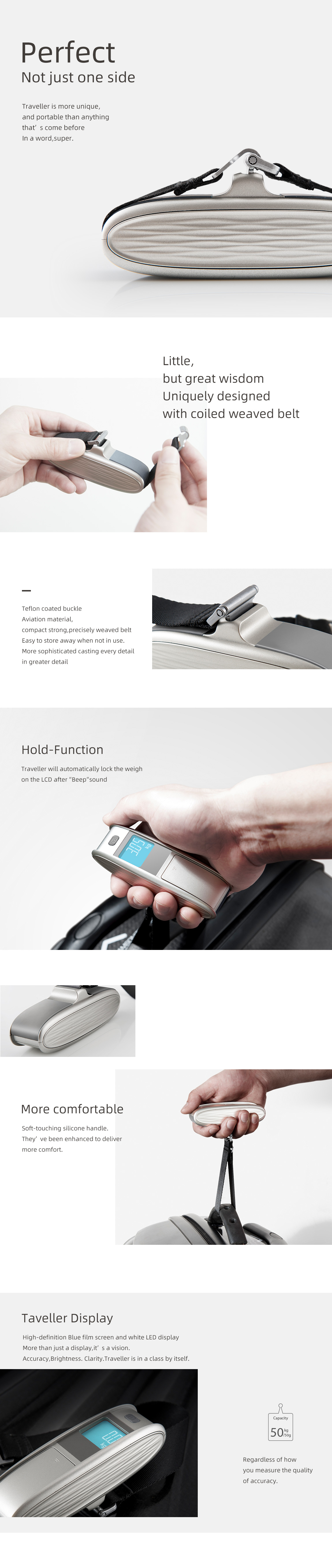 Digital luggage scale showing high-definition blue film screen and white LED display