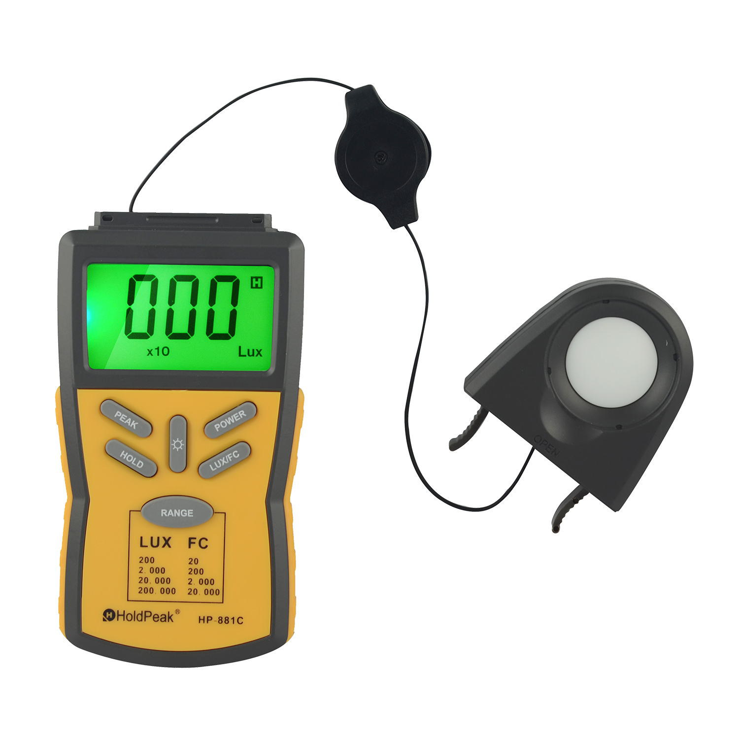 Digital lux meter display showing measurement ranges