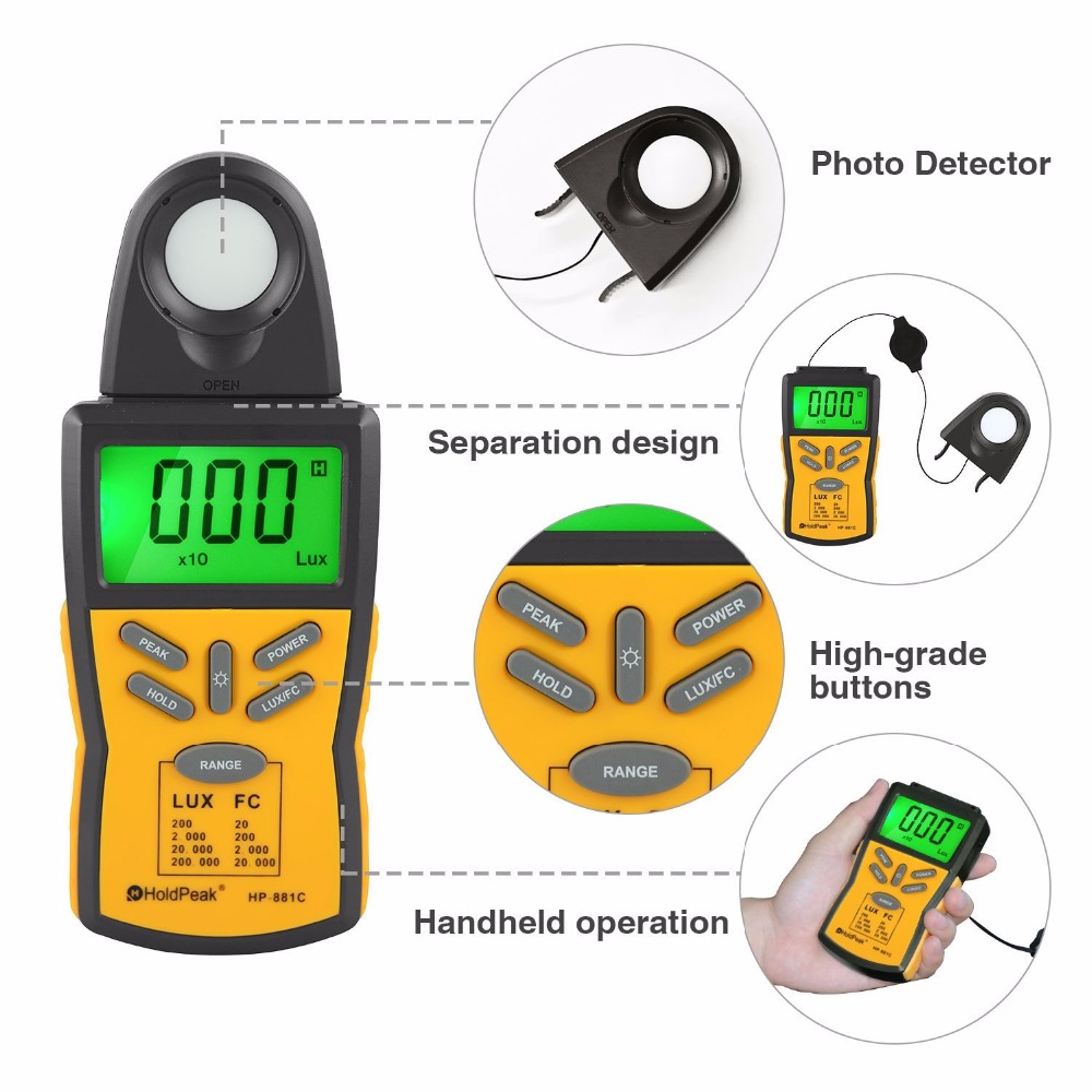 Handheld lux meter interface and buttons