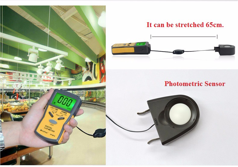 Lux meter with detachable sensor and stretchable cable