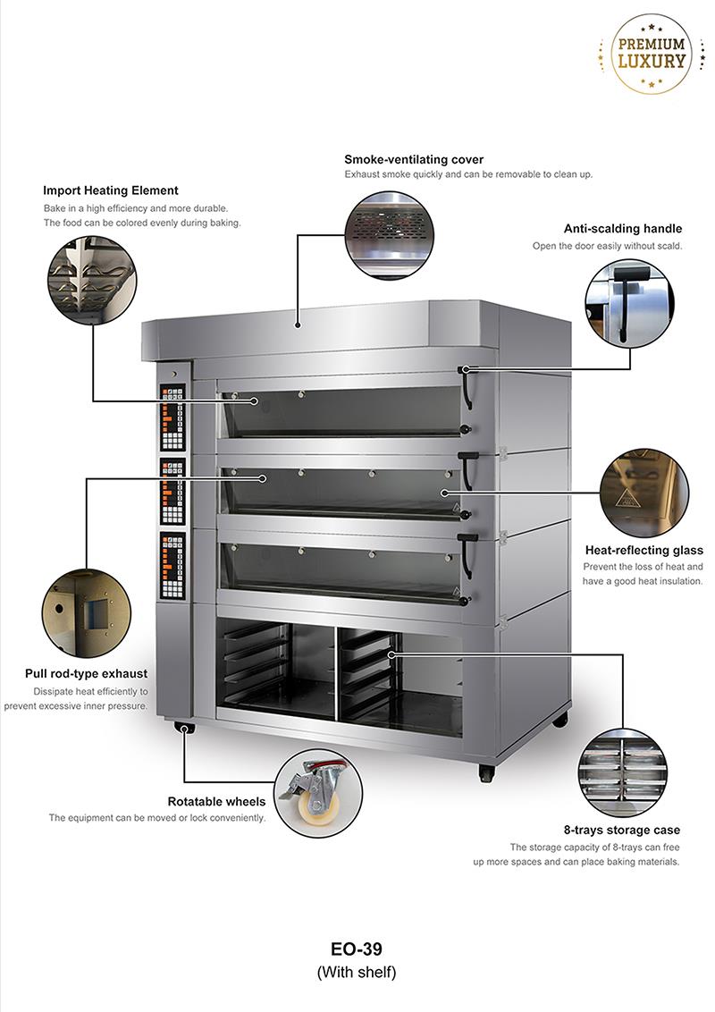 Detailed view of the electric deck oven features including exhaust and wheels