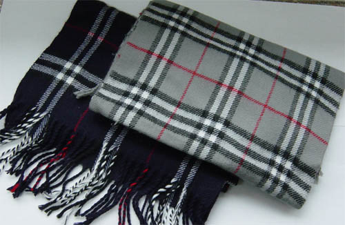 Textile Scarves with Plaid Pattern and Fringed Ends