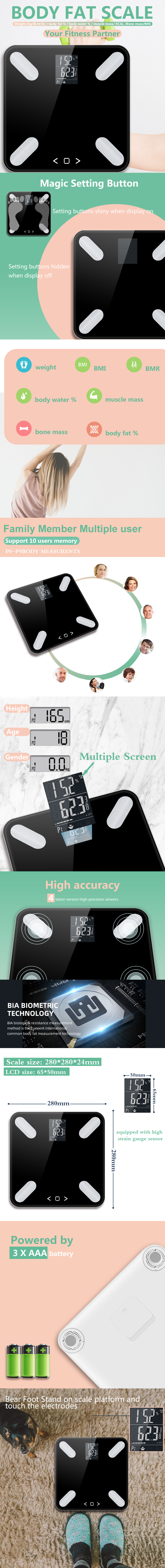 Digital body composition scale showing backlit display and user interface features