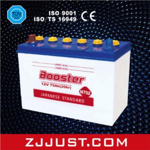 High-performance 12V car battery showing robust construction and lead-acid technology.