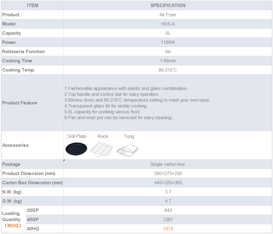 5L Manual Air Fryer with accessories and specification details
