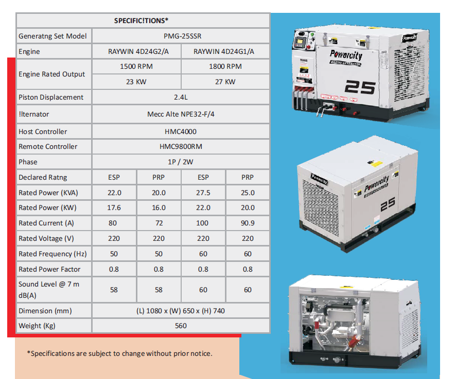 Technical specification sheet for the 25 kVA Marine Diesel Generator