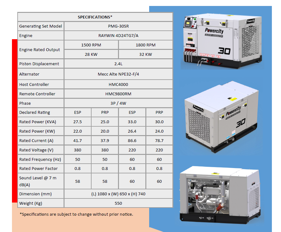 Technical specification sheet for the marine generator showing engine and power ratings