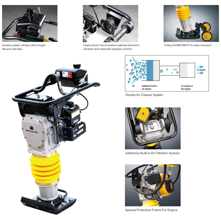 Diagram showing the air filtration system and engine protection features of the tamping rammer