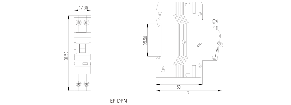 Dimensional drawing of the circuit breaker