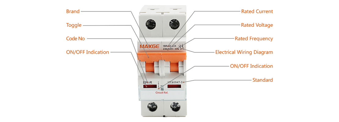Front view of the isolating switch showing toggle and wiring diagram