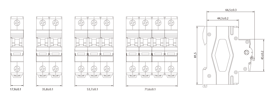 Technical dimension drawing for 1P, 2P, 3P, and 4P isolating switches