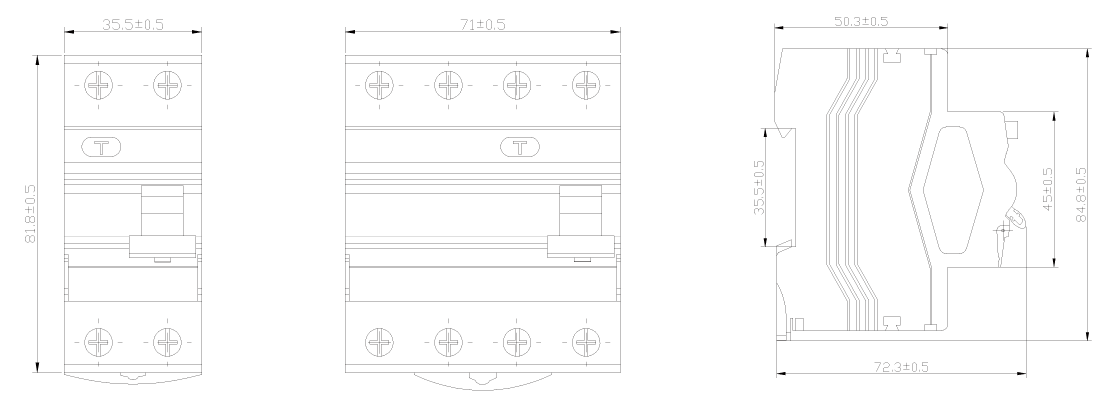 Technical dimension drawing of the residual current circuit breaker