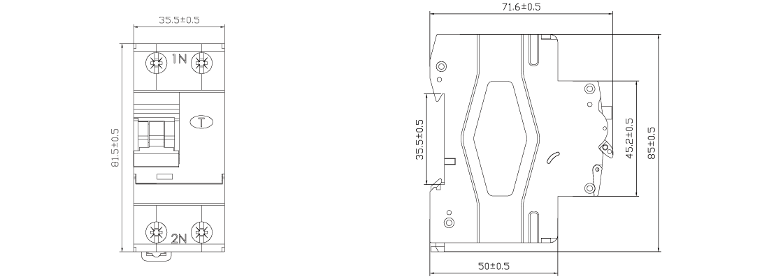 Technical drawing showing the dimensions of the circuit breaker
