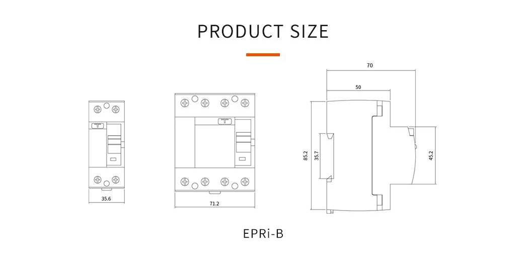 Dimensioned drawing of the Type B RCCB