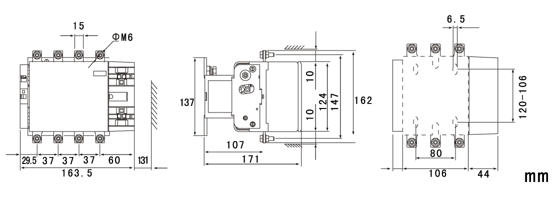 Technical dimension drawing of the SGC1-F Series AC Contactor showing front, side, and top views.