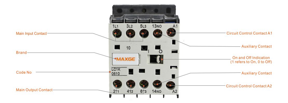 Diagram showing main input/output contacts and auxiliary control terminals