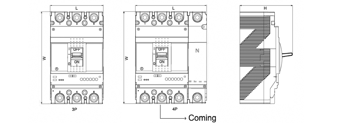 Diagram showing the mounting dimensions and pole configurations for the circuit breaker