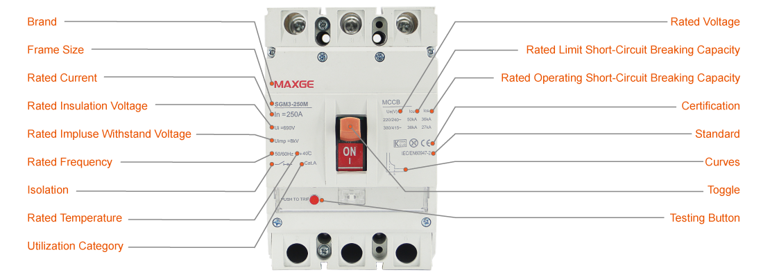 Product diagram illustrating the MCCB components and electrical ratings