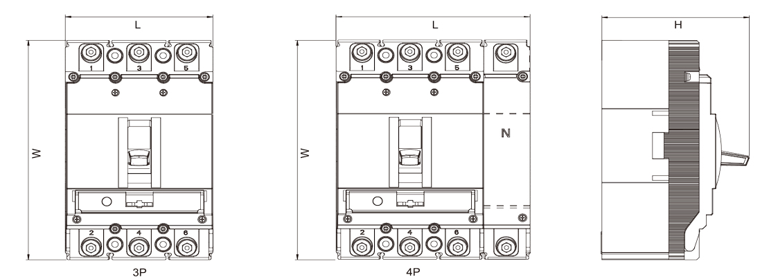 Dimensional diagram for 3-pole and 4-pole MCCB configurations