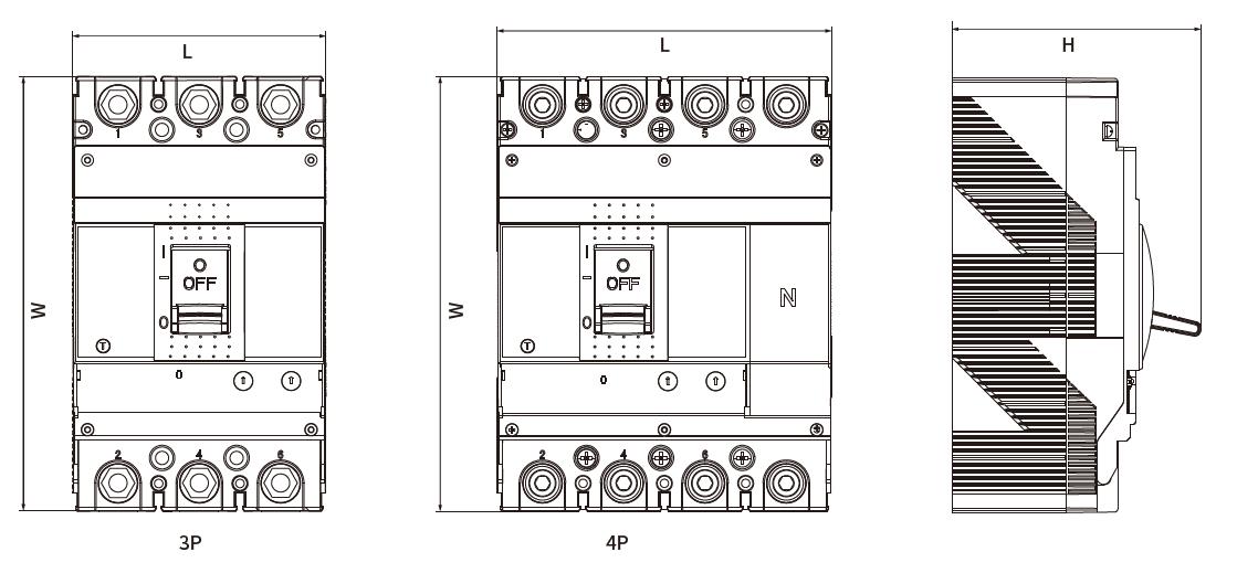 Diagram showing the physical dimensions and pole configurations for the MCCB