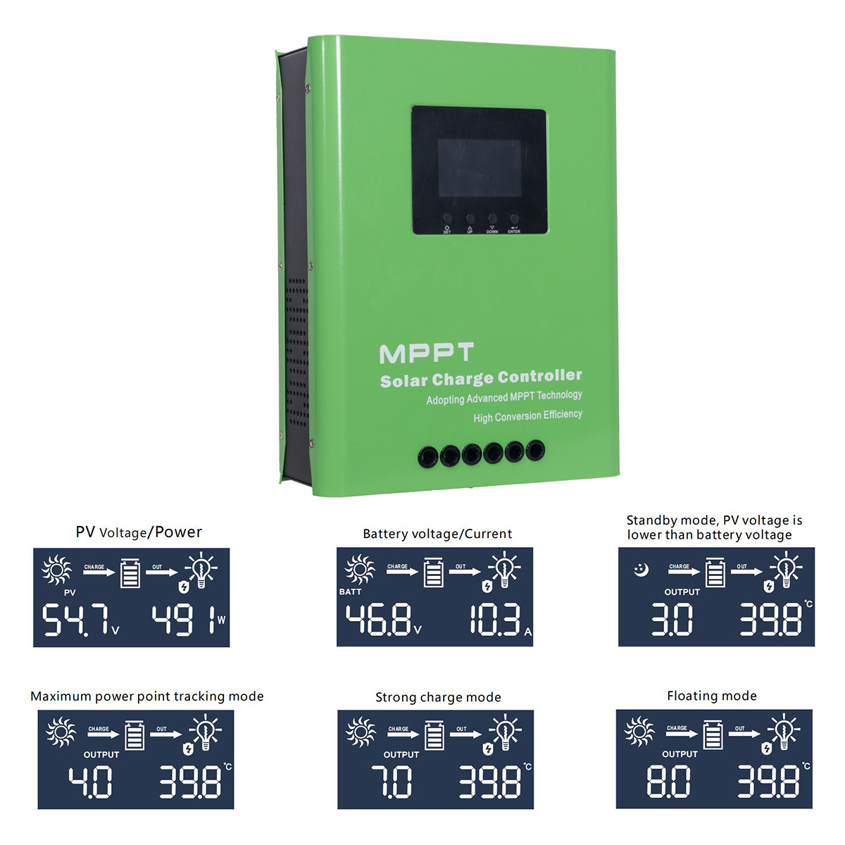 Display showing various operational modes including strong charge, floating mode, and standby.
