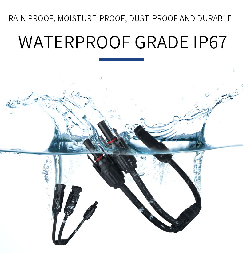 Waterproof MC4 Y branch connector showing IP67 rating