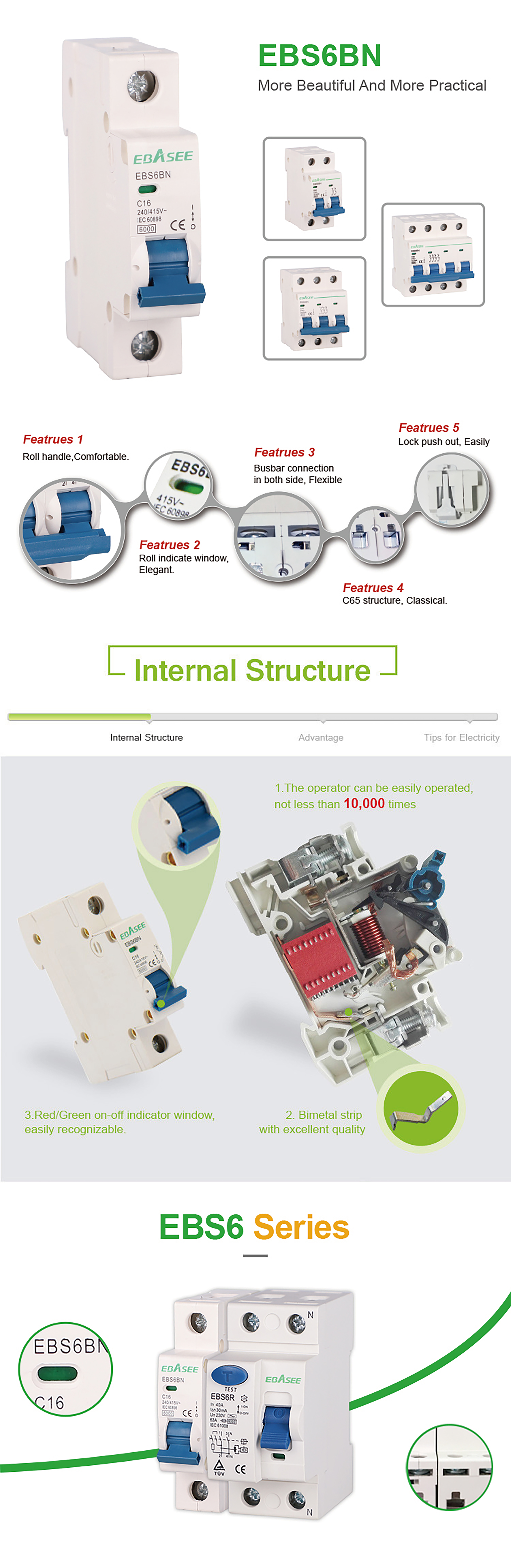 EBS6BN circuit breaker features including roll handle, indicator window, and busbar connection