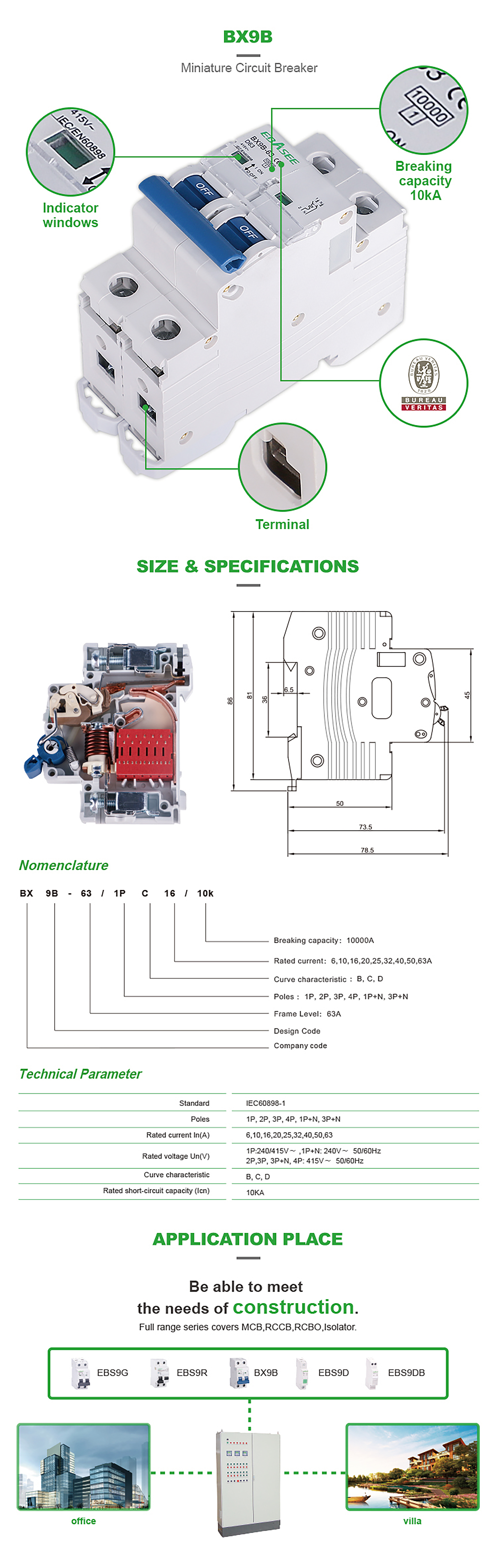 Technical diagram and specification summary for the BX9B miniature circuit breaker