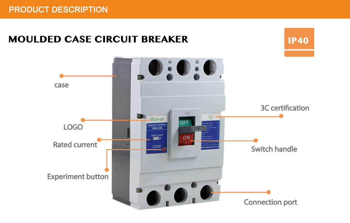 Close up of the MCCB switch handle and connection ports