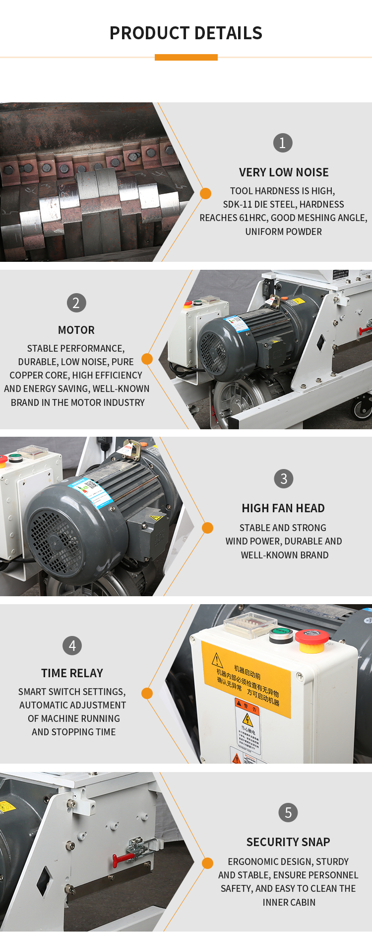 Technical breakdown of motor, cutting blades, and safety components