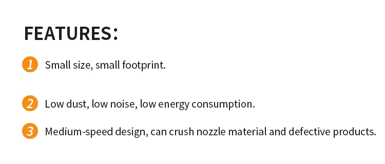 Medium speed granulator features overview showing compact size and low energy consumption