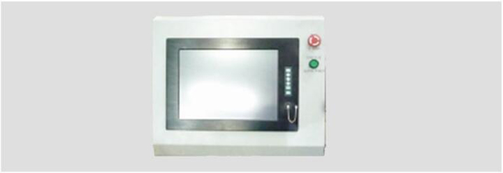 Machine control panel with emergency stop and status indicators