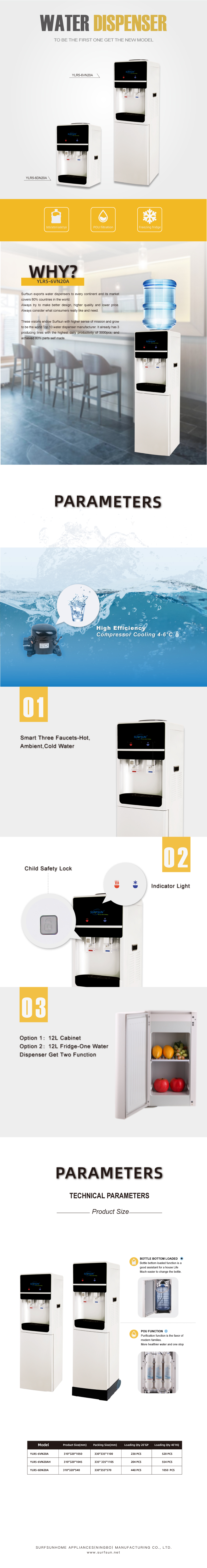 Water dispenser technical overview showing faucets and cooling efficiency