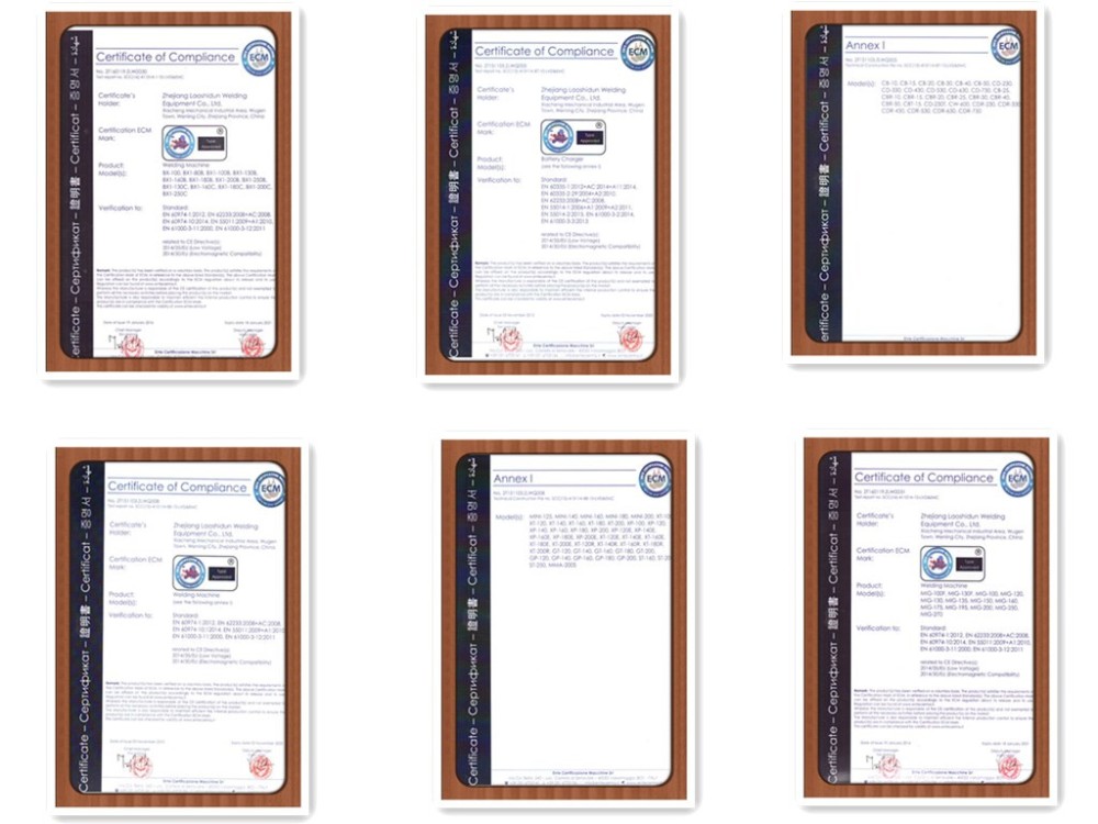 Certificates of compliance for the welding machine