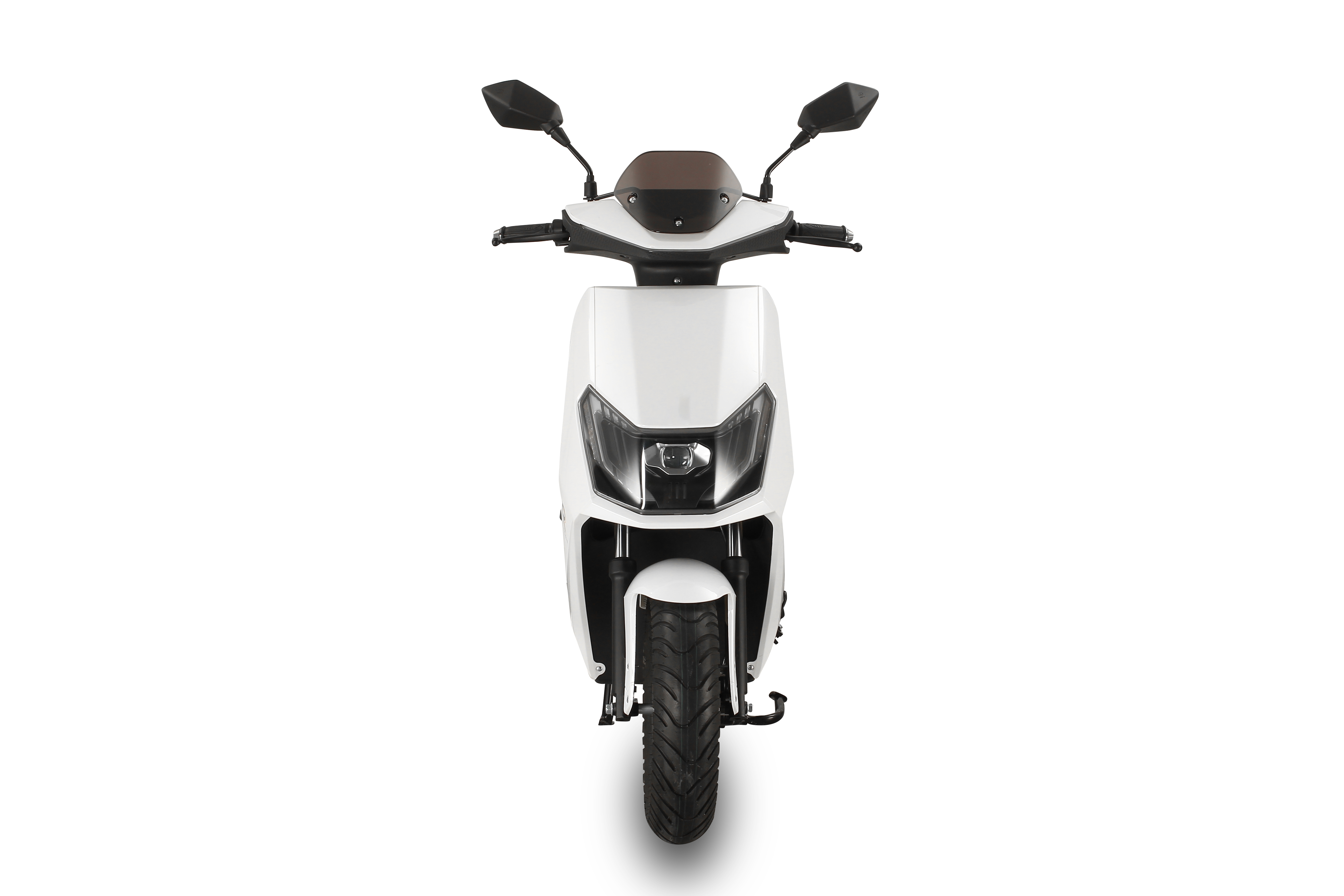 Front view of the white electric motorcycle