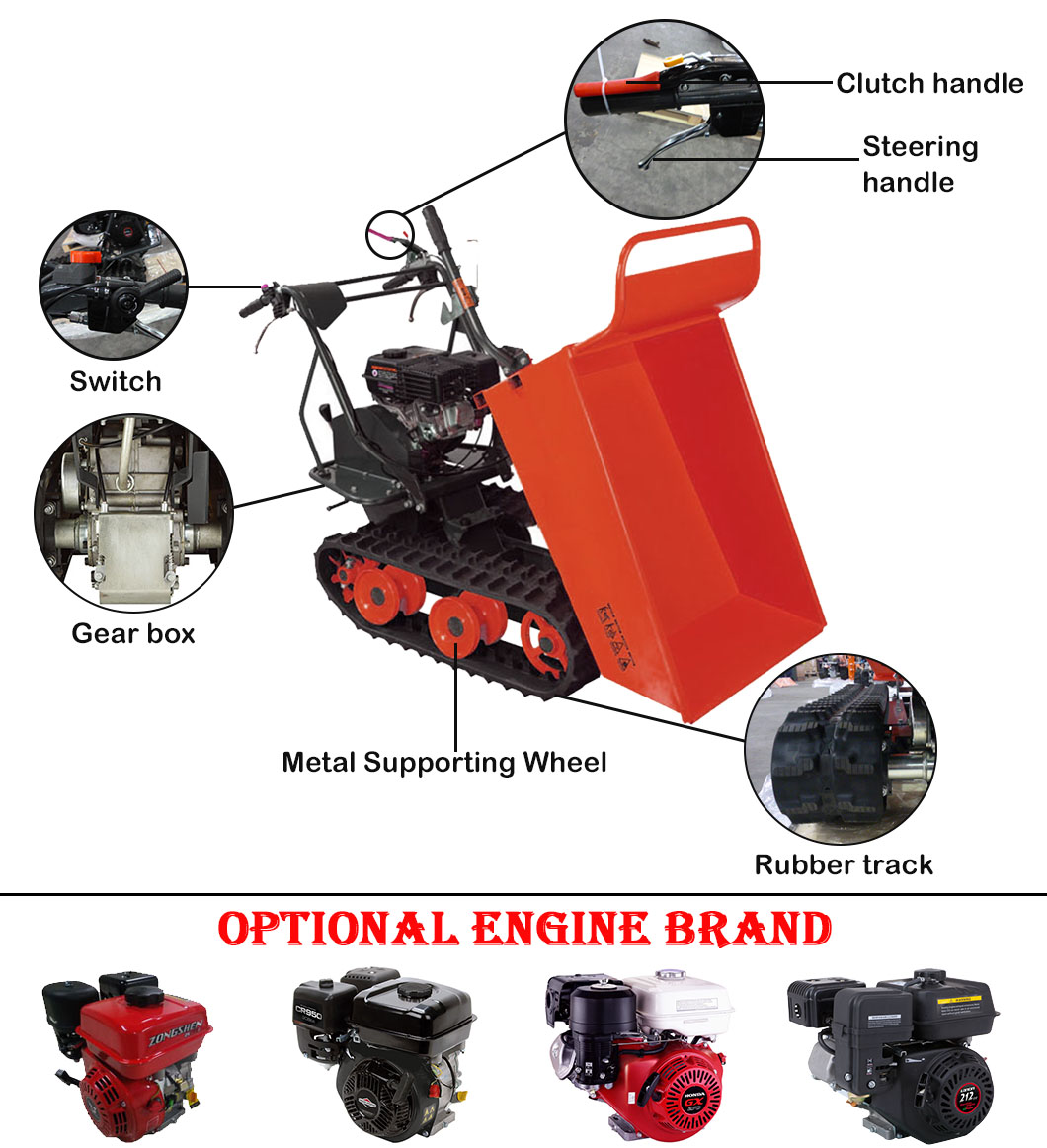 Mini tracked dumper showing control layout and rubber tracks