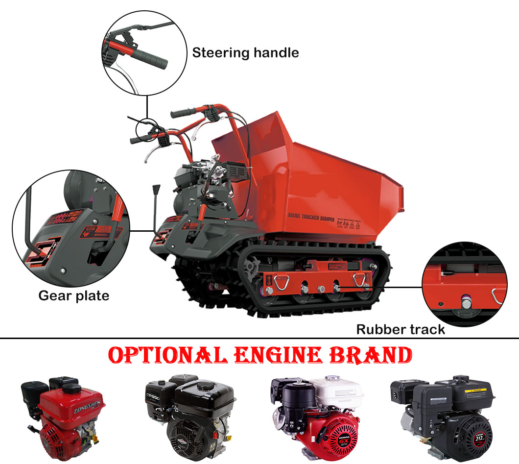 Mini tracked dumper showing steering handle and rubber tracks